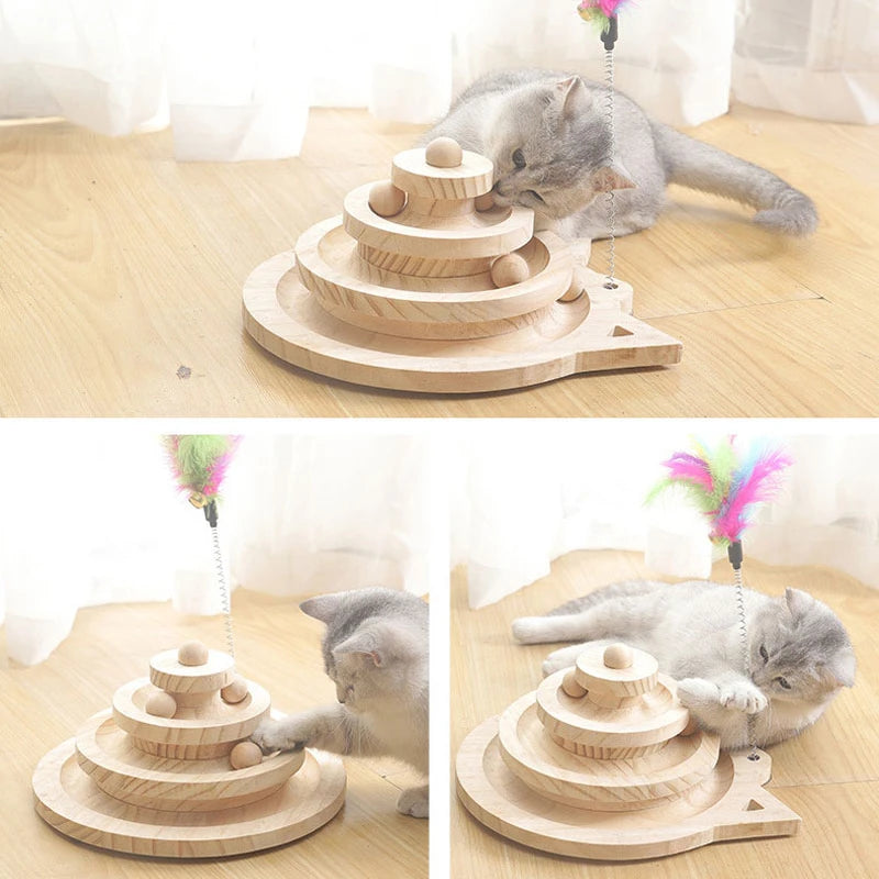 PawPlex Triple-Track Wooden Cat Tower