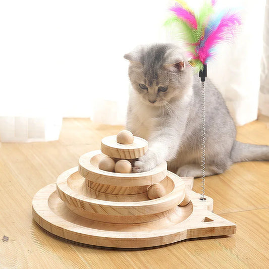 PawPlex Triple-Track Wooden Cat Tower