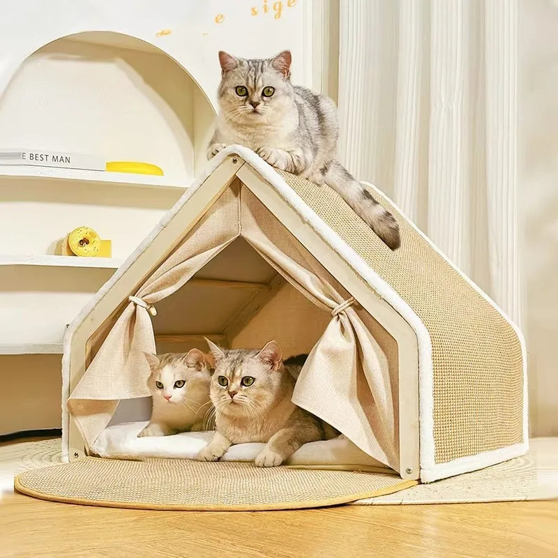 ScratchHome Wooden Cat House with Integrated Scratching Mat