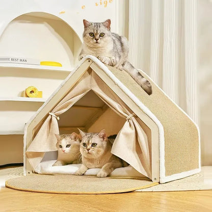 ScratchHome Wooden Cat House with Integrated Scratching Mat