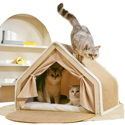 ScratchHome Wooden Cat House with Integrated Scratching Mat